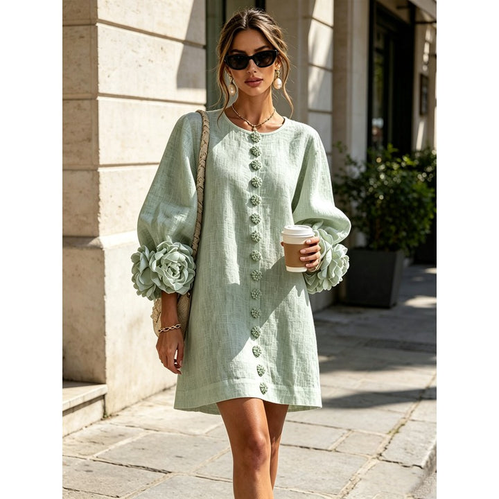 Women's Mini Dress - A-line with Three-Quarter Balloon Sleeves