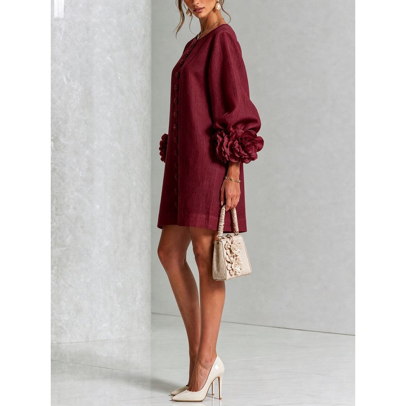 Women's Mini Dress - A-line with Three-Quarter Balloon Sleeves