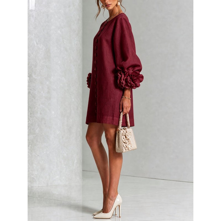 Women's Mini Dress - A-line with Three-Quarter Balloon Sleeves