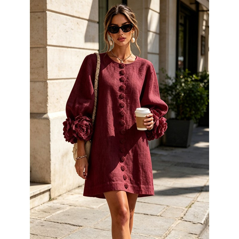 Women's Mini Dress - A-line with Three-Quarter Balloon Sleeves