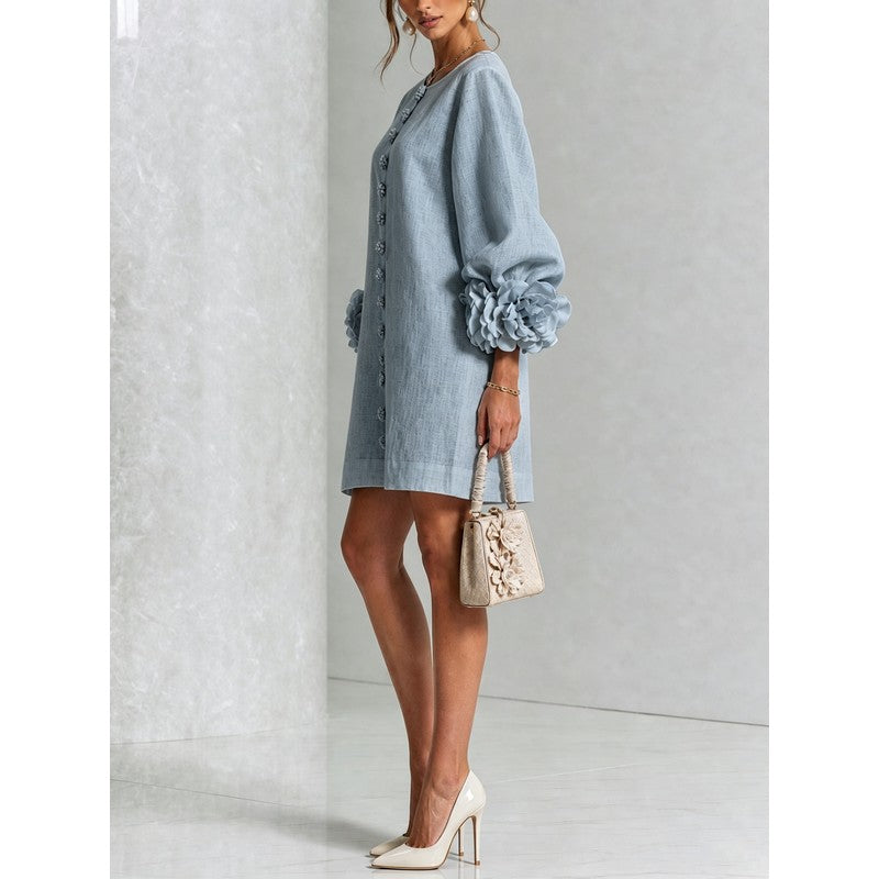 Women's Mini Dress - A-line with Three-Quarter Balloon Sleeves