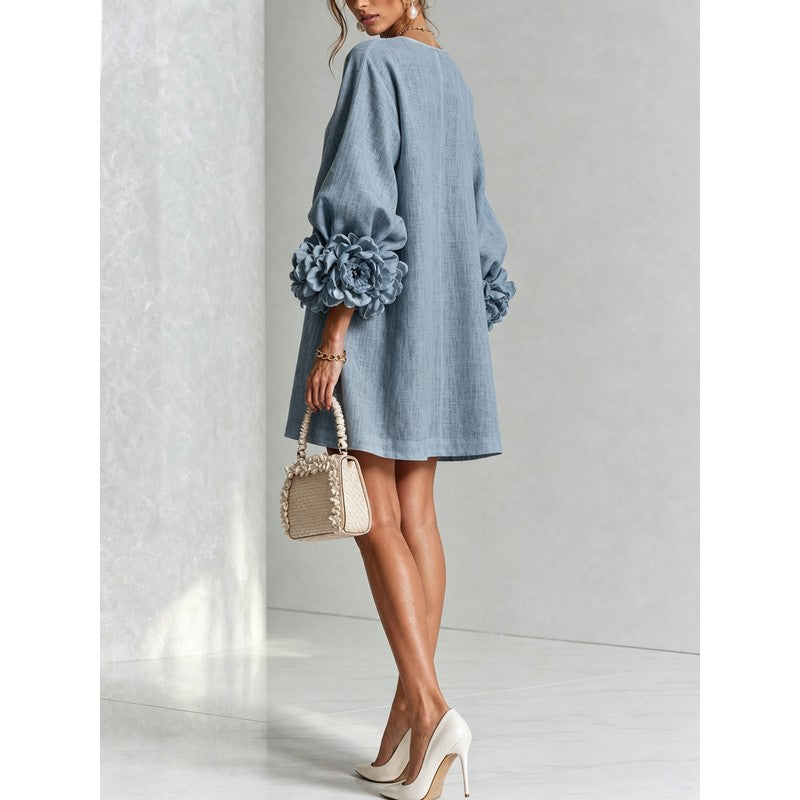 Women's Mini Dress - A-line with Three-Quarter Balloon Sleeves