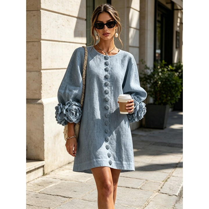 Women's Mini Dress - A-line with Three-Quarter Balloon Sleeves