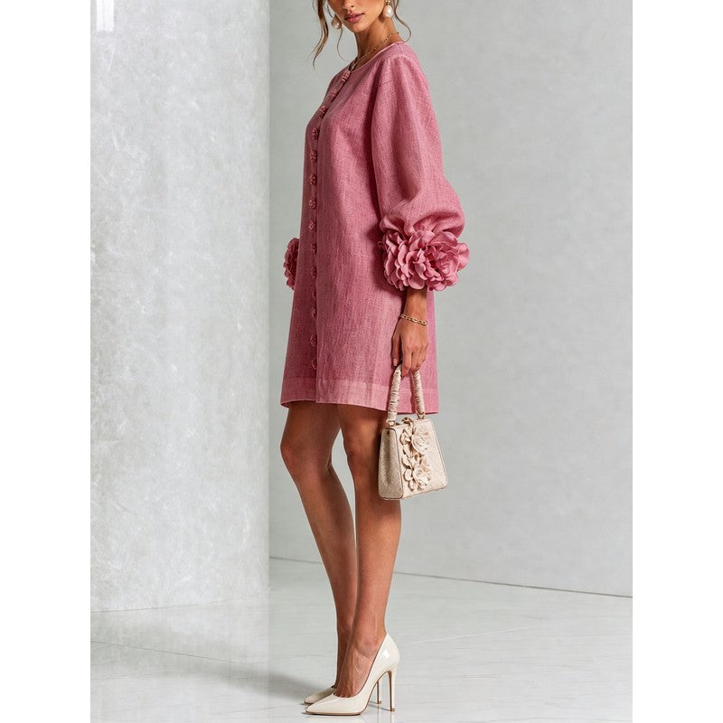 Women's Mini Dress - A-line with Three-Quarter Balloon Sleeves