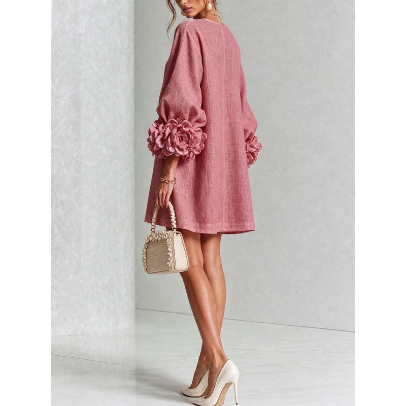 Women's Mini Dress - A-line with Three-Quarter Balloon Sleeves