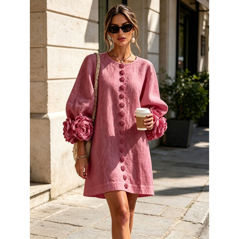 Women's Mini Dress - A-line with Three-Quarter Balloon Sleeves