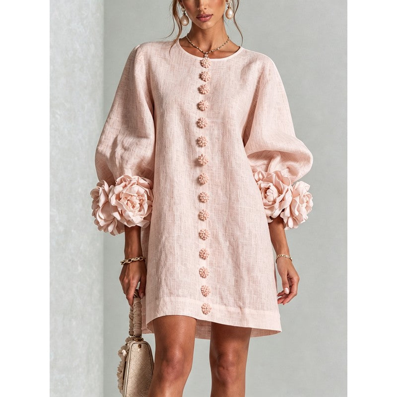 Women's Mini Dress - A-line with Three-Quarter Balloon Sleeves