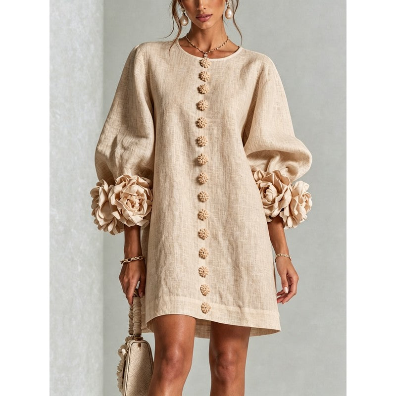 Women's Mini Dress - A-line with Three-Quarter Balloon Sleeves