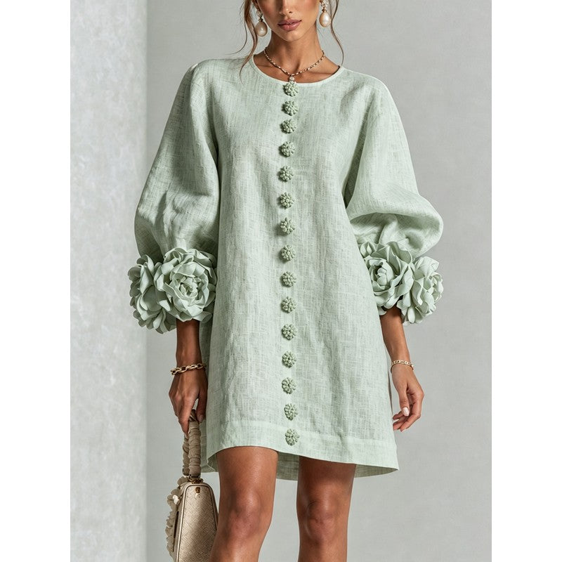 Women's Mini Dress - A-line with Three-Quarter Balloon Sleeves