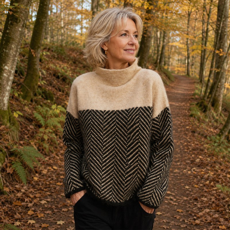 Women's Mock-Neck Knit Sweater - Two-Tone Herringbone Pattern
