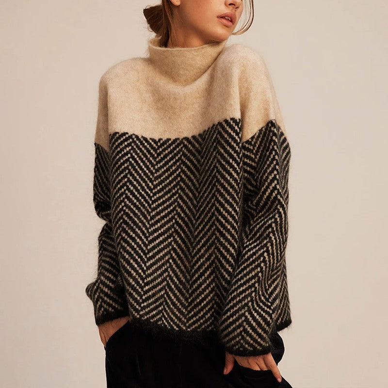 Women's Mock-Neck Knit Sweater - Two-Tone Herringbone Pattern