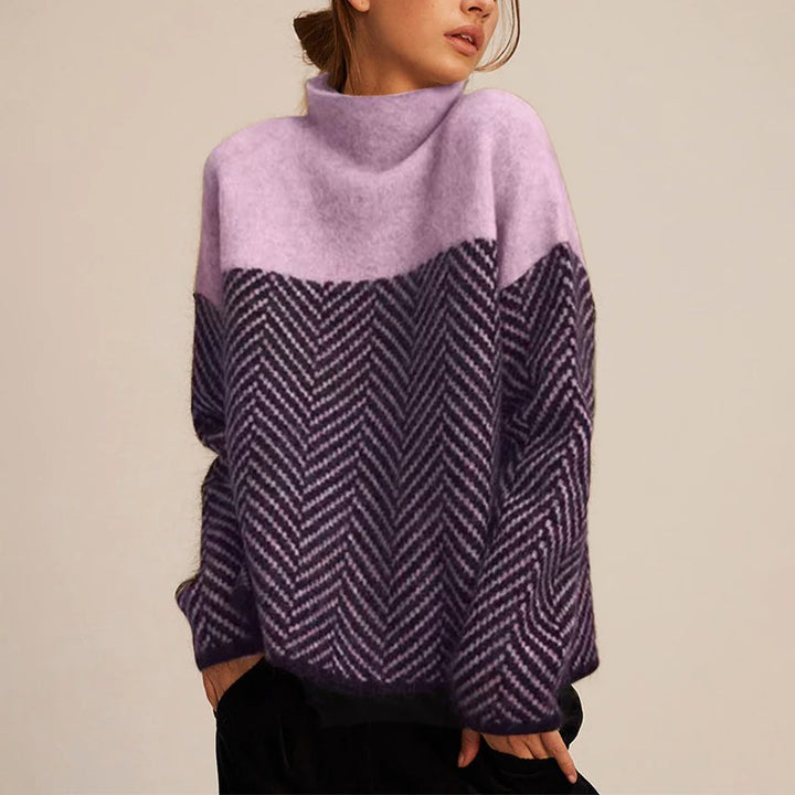 Women's Mock-Neck Knit Sweater - Two-Tone Herringbone Pattern