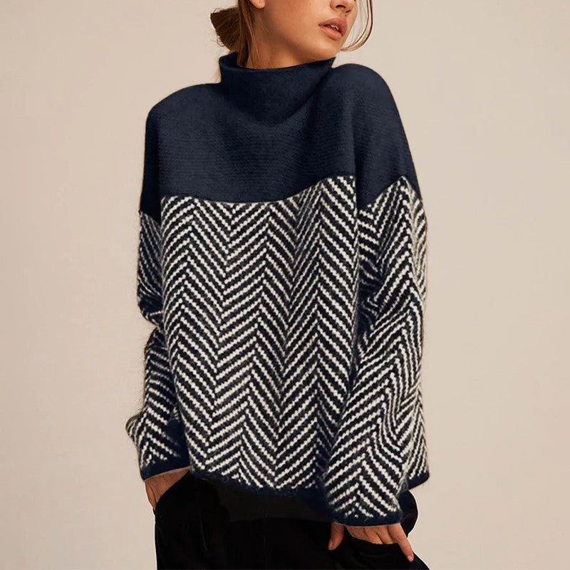 Women's Mock-Neck Knit Sweater - Two-Tone Herringbone Pattern