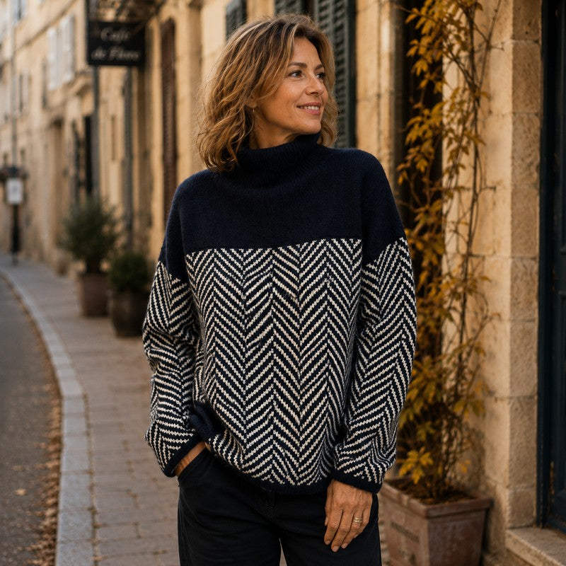 Women's Mock-Neck Knit Sweater - Two-Tone Herringbone Pattern