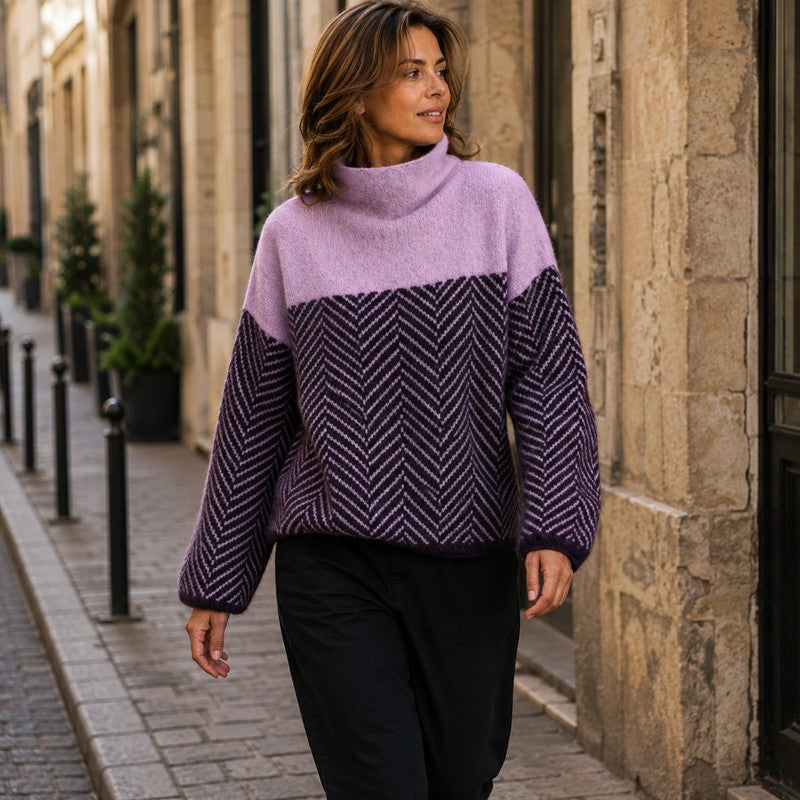 Women's Mock-Neck Knit Sweater - Two-Tone Herringbone Pattern