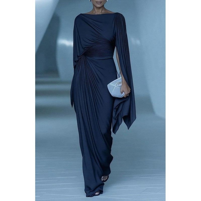 Women's One-Shoulder Maxi Dress with Cape Sleeves
