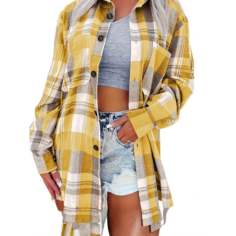Women's Oversized Button-Up Shirt - Plaid Print