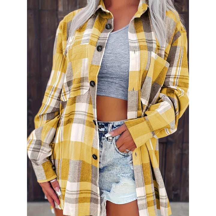 Women's Oversized Button-Up Shirt - Plaid Print