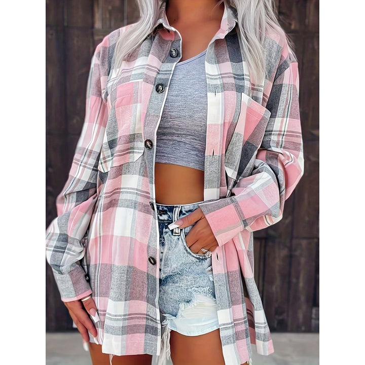 Women's Oversized Button-Up Shirt - Plaid Print