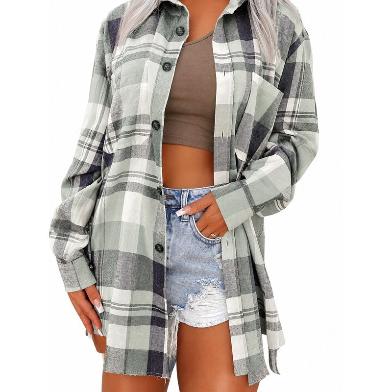 Women's Oversized Button-Up Shirt - Plaid Print