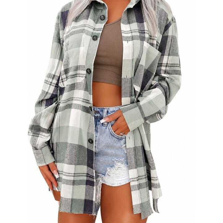 Women's Oversized Button-Up Shirt - Plaid Print