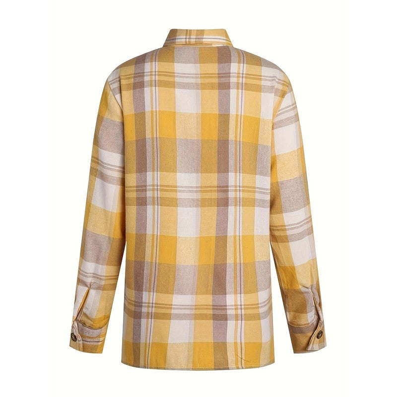 Women's Oversized Button-Up Shirt - Plaid Print