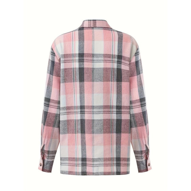 Women's Oversized Button-Up Shirt - Plaid Print