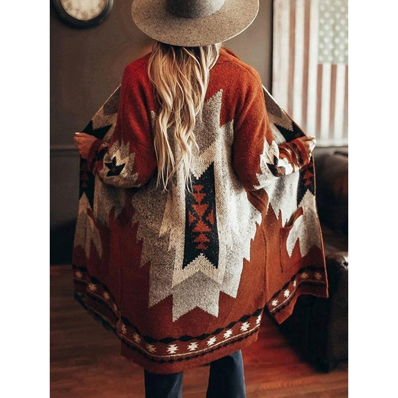 Women's Oversized Knit Cardigan - Geometric Print