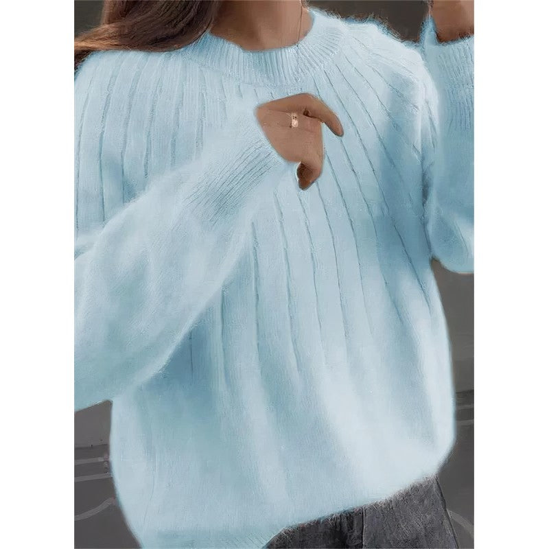 Women's Oversized Knit Pullover Sweater - Ribbed Crew Neck