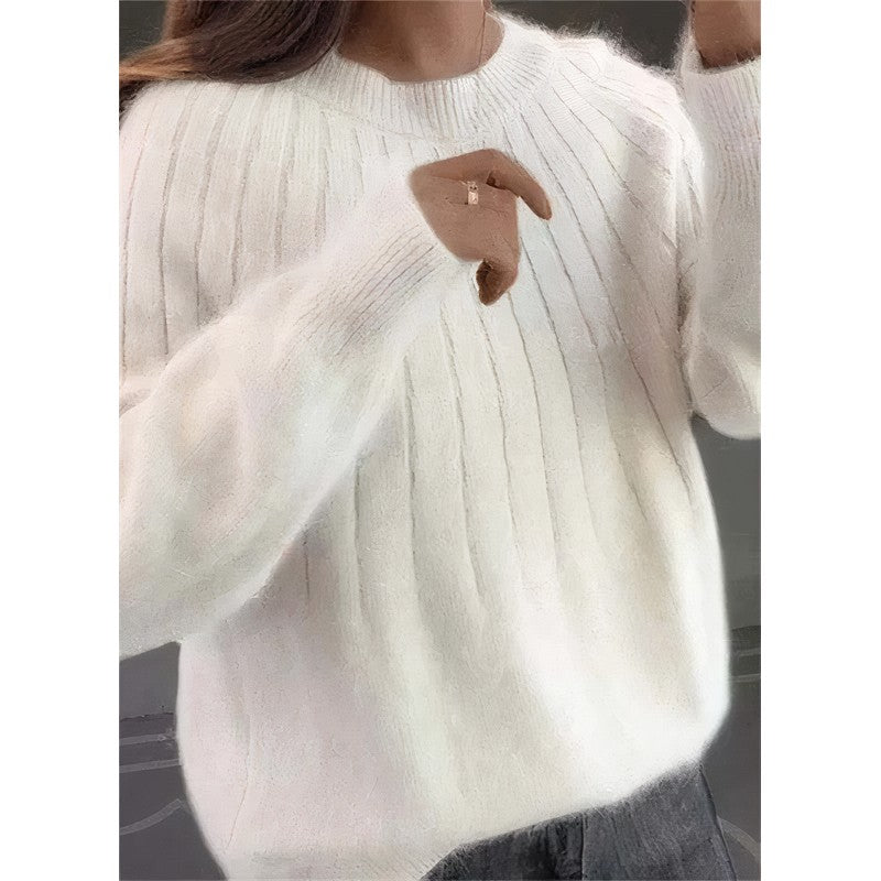 Women's Oversized Knit Pullover Sweater - Ribbed Crew Neck