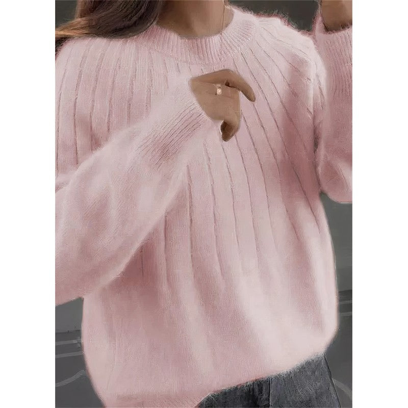 Women's Oversized Knit Pullover Sweater - Ribbed Crew Neck