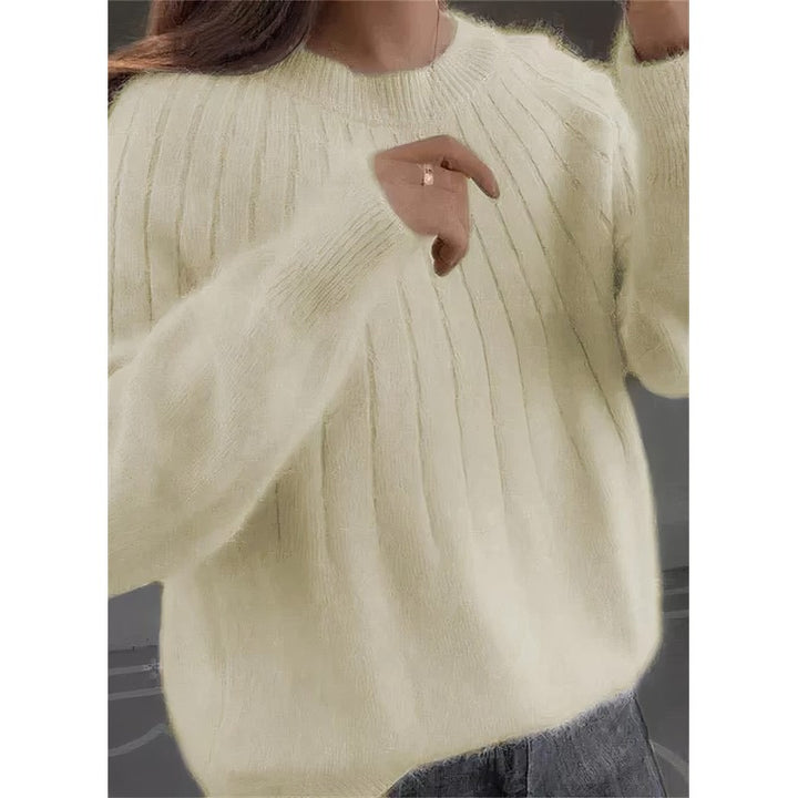 Women's Oversized Knit Pullover Sweater - Ribbed Crew Neck