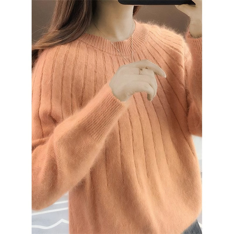 Women's Oversized Knit Pullover Sweater - Ribbed Crew Neck