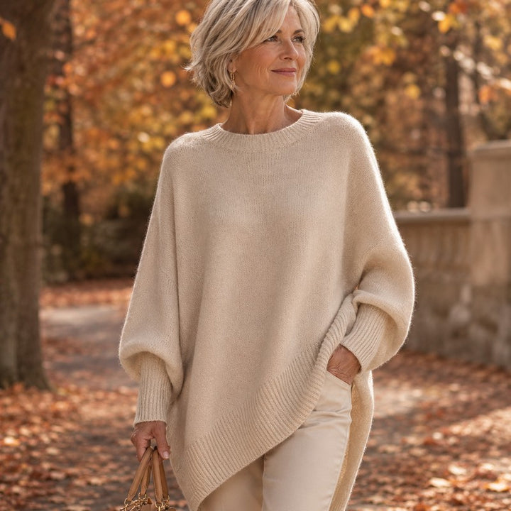 Women's Oversized Knit Sweater - Round Neck Ribbed Hem