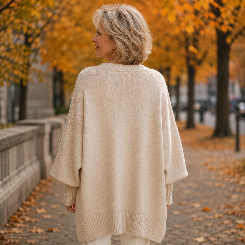 Women's Oversized Knit Sweater - Round Neck Ribbed Hem