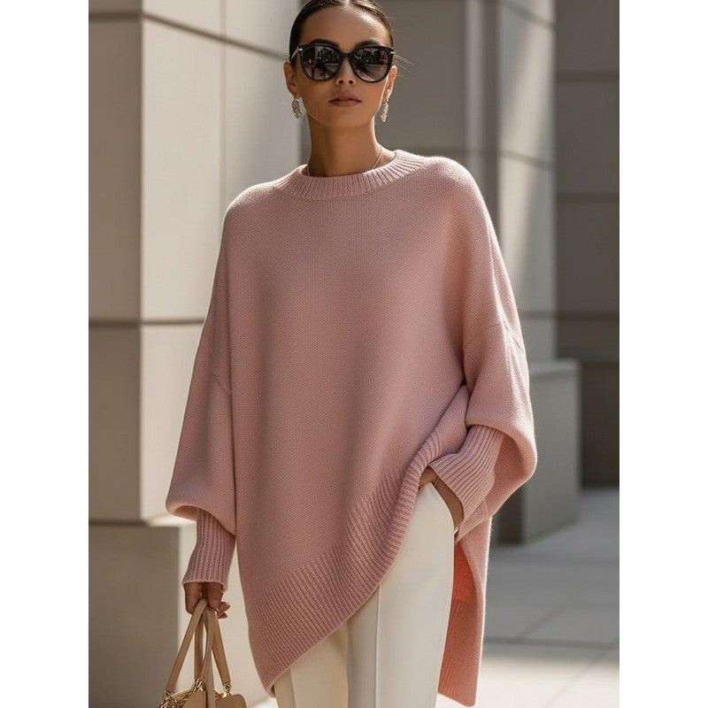 Women's Oversized Knit Sweater - Round Neck Ribbed Hem