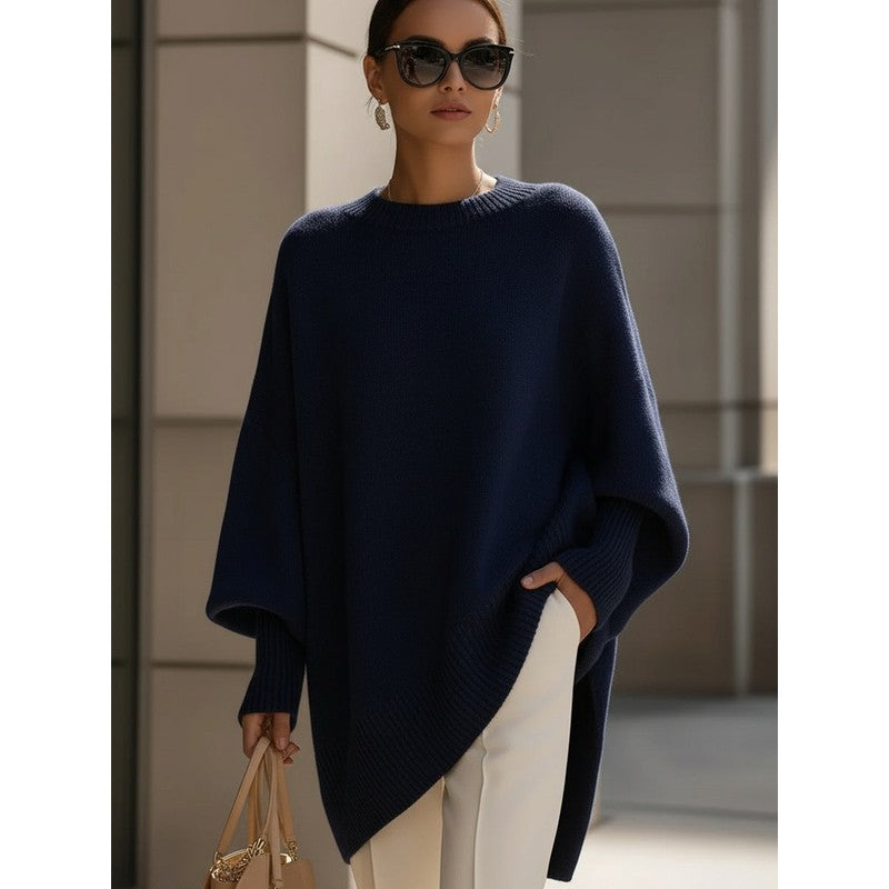Women's Oversized Knit Sweater - Round Neck Ribbed Hem