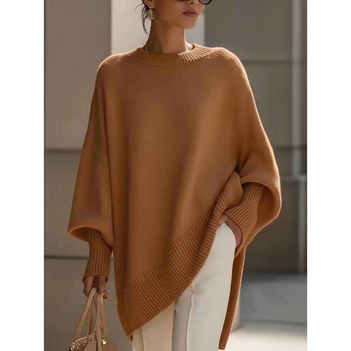 Women's Oversized Knit Sweater - Round Neck Ribbed Hem
