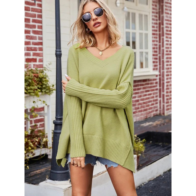 Women's Oversized V-Neck Sweater - Ribbed Hem
