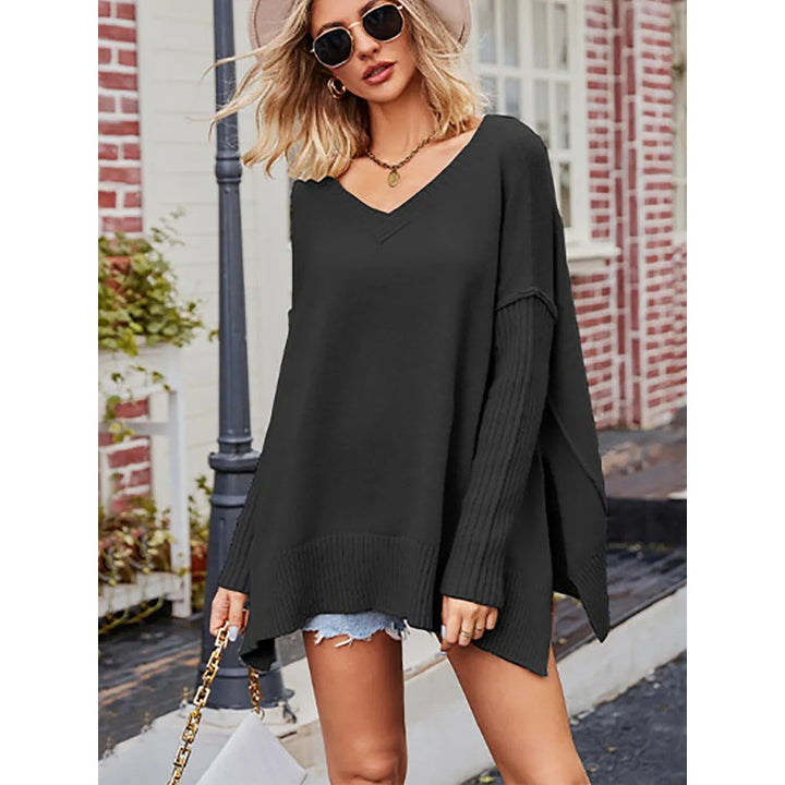 Women's Oversized V-Neck Sweater - Ribbed Hem