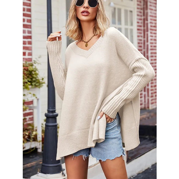 Women's Oversized V-Neck Sweater - Ribbed Hem