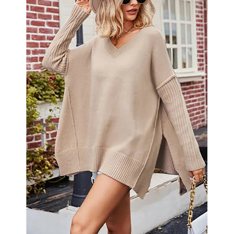 Women's Oversized V-Neck Sweater - Ribbed Hem