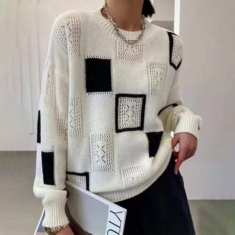 Women's Patchwork Sweater - Square Block Pattern