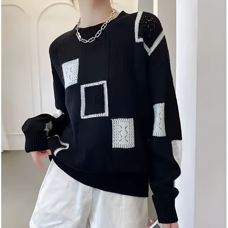 Women's Patchwork Sweater - Square Block Pattern