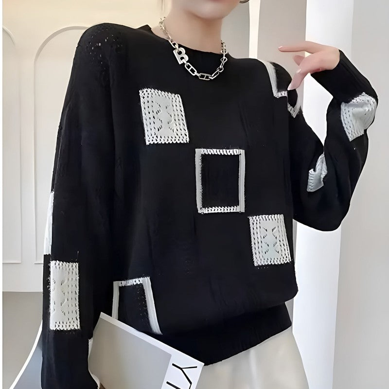 Women's Patchwork Sweater - Square Block Pattern