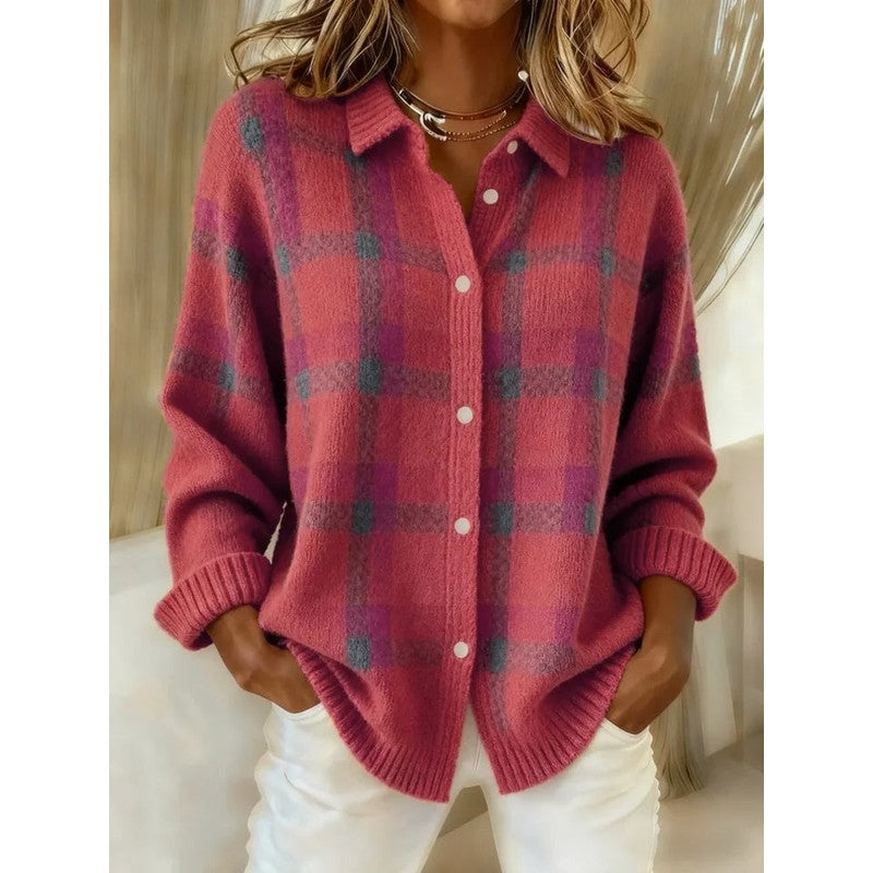 Women's Plaid Cardigan - Long Sleeve Button Front