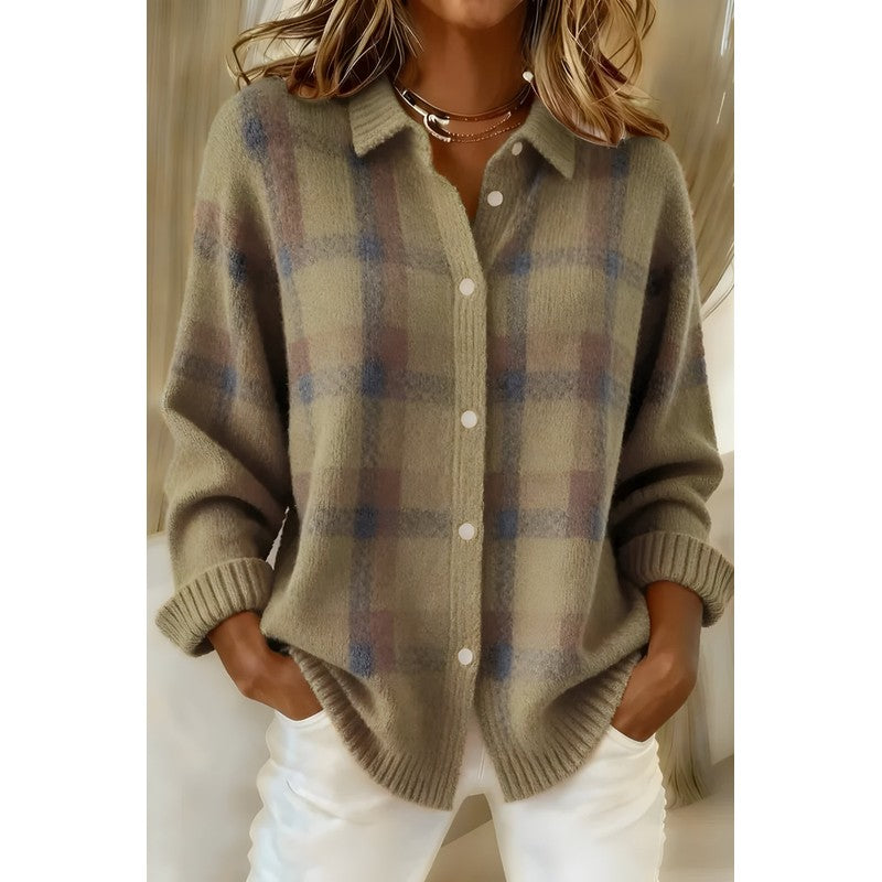Women's Plaid Cardigan - Long Sleeve Button Front