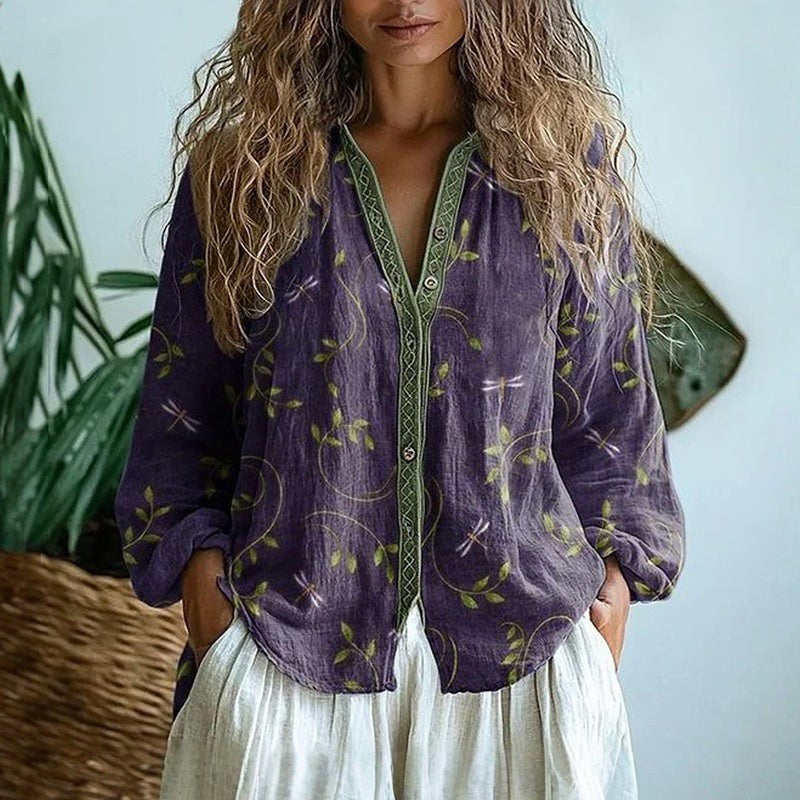 Women's Printed V-Neck Button-Front Blouse - Long Sleeve