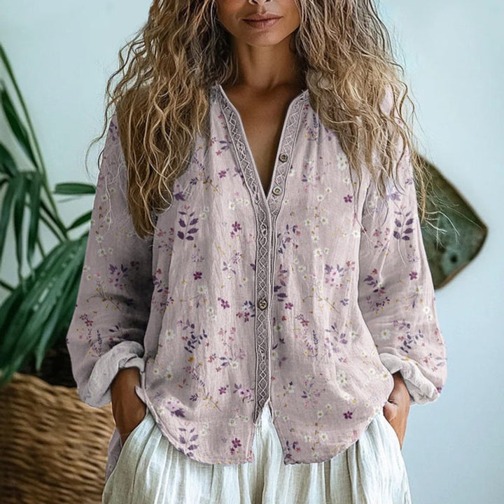 Women's Printed V-Neck Button-Front Blouse - Long Sleeve