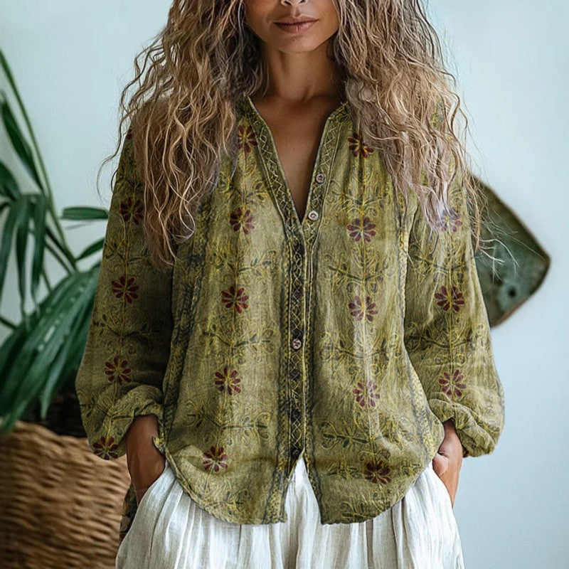 Women's Printed V-Neck Button-Front Blouse - Long Sleeve